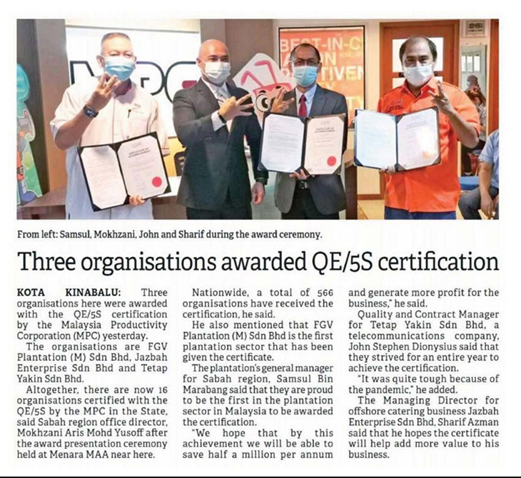 NEWS CLIPPING - THREE ORGANIZATION AWARDED QE/5S CERTIFICATION